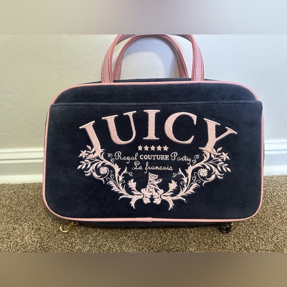 Juicy Couture Navy Velvet Cosmetic Bag with Pink Trim & Embroidered Logo